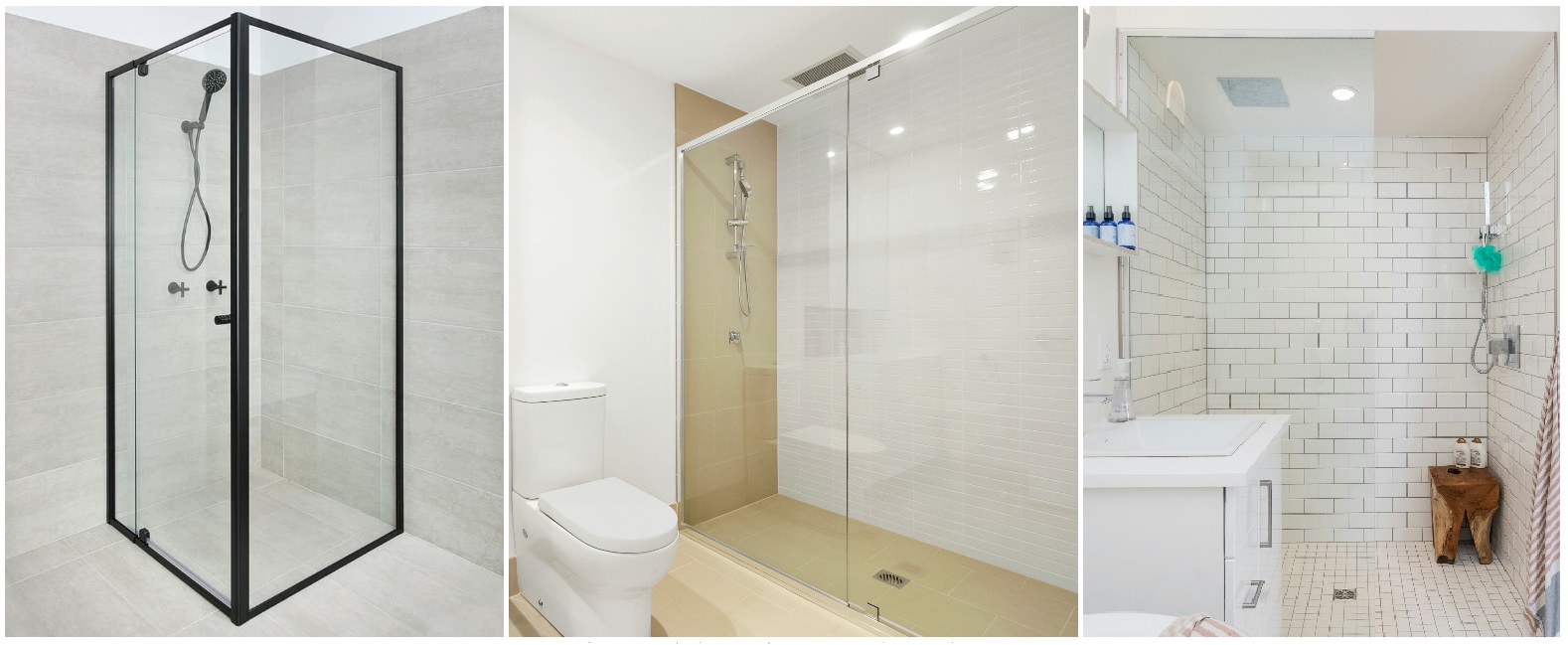 A variety of semi-frameless Elite shower screens